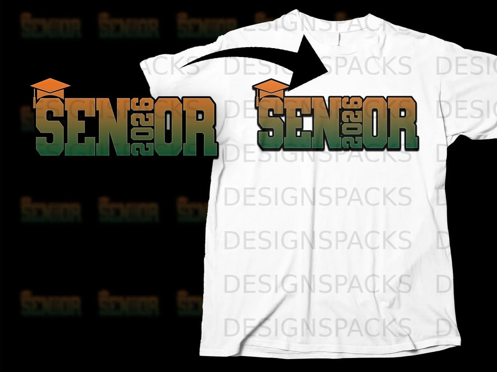 Graduation cap and "SENIOR 2026" text on white t-shirt.