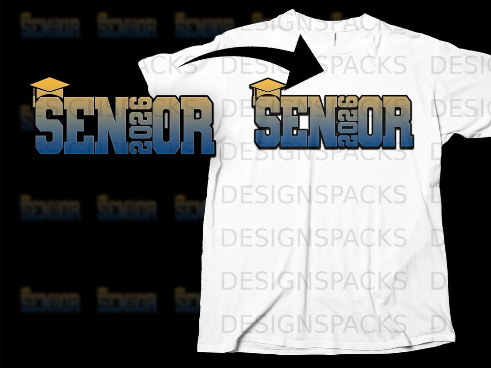 "Senior 2026" graphic design with a graduation cap on a white t-shirt.