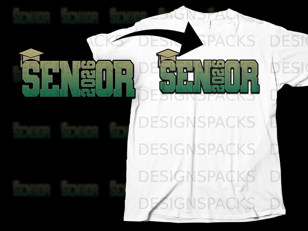 White t-shirt with green gradient "SENIOR 2026" text and graduation cap.