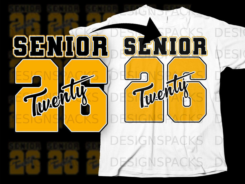 "Senior 2026" graphic with a white t-shirt and black overlay.