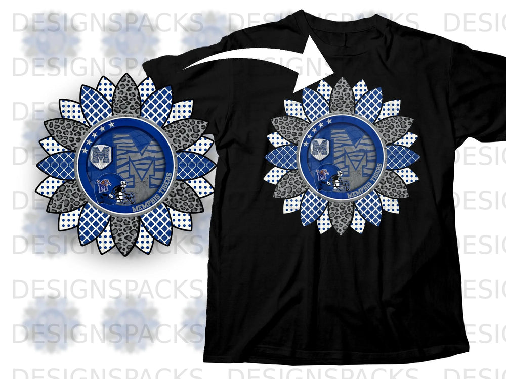 Sunflower design with Memphis Tigers logos and "MEMPHIS TIGERS" text on a black shirt.