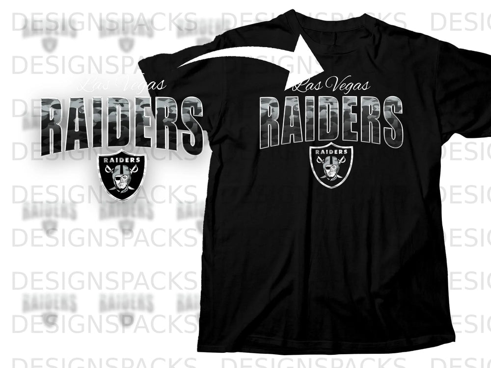 Black t-shirt with Las Vegas Raiders logo and camouflage text.