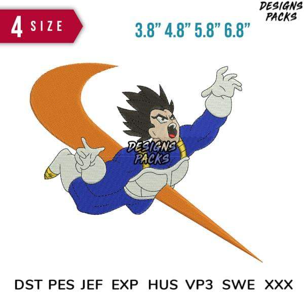 Vegeta embroidery design in 4 sizes, compatible with DST PES JEF EXP HUS VP3 SWE XXX formats for instant download.