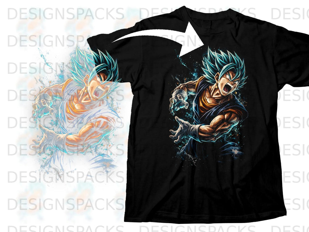 Black t-shirt with anime character Vegito in action pose with blue energy effects.