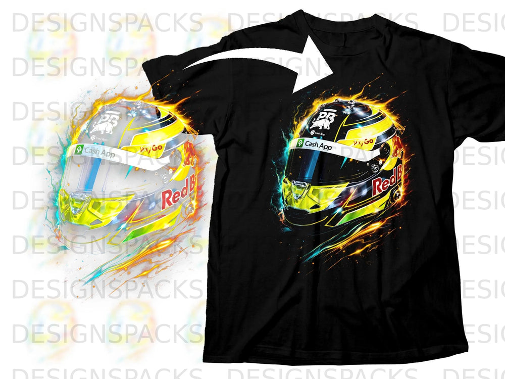 Racing helmet graphic with "Cash App" and "Red Bull" logos on black t-shirt.