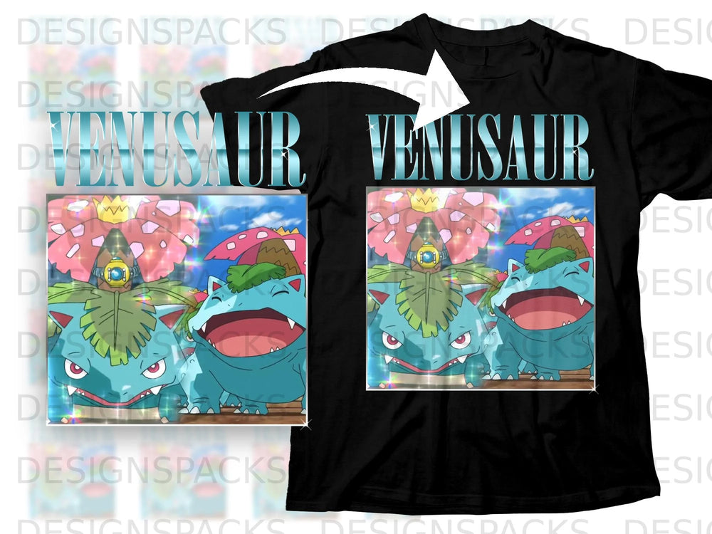 Black t-shirt with "VENUSAUR" text and two images of the Pokemon Venusaur.