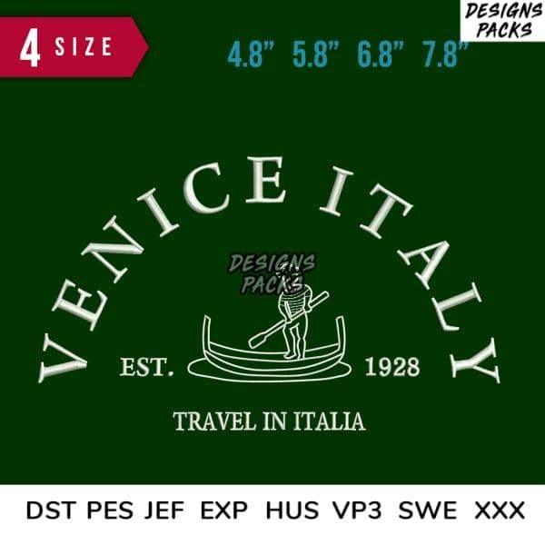 Venice Italy travel design with gondolier, available in 4 sizes for embroidery & DTG, instant download