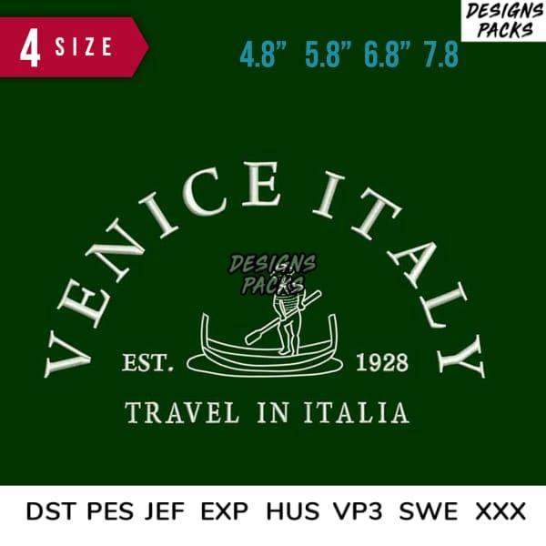 Venice Italy travel design with gondolier, available in 4 sizes and embroidery formats like DST, PES, JEF