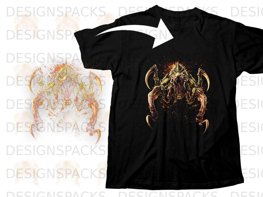Black t-shirt with a fierce, detailed insectoid creature graphic.