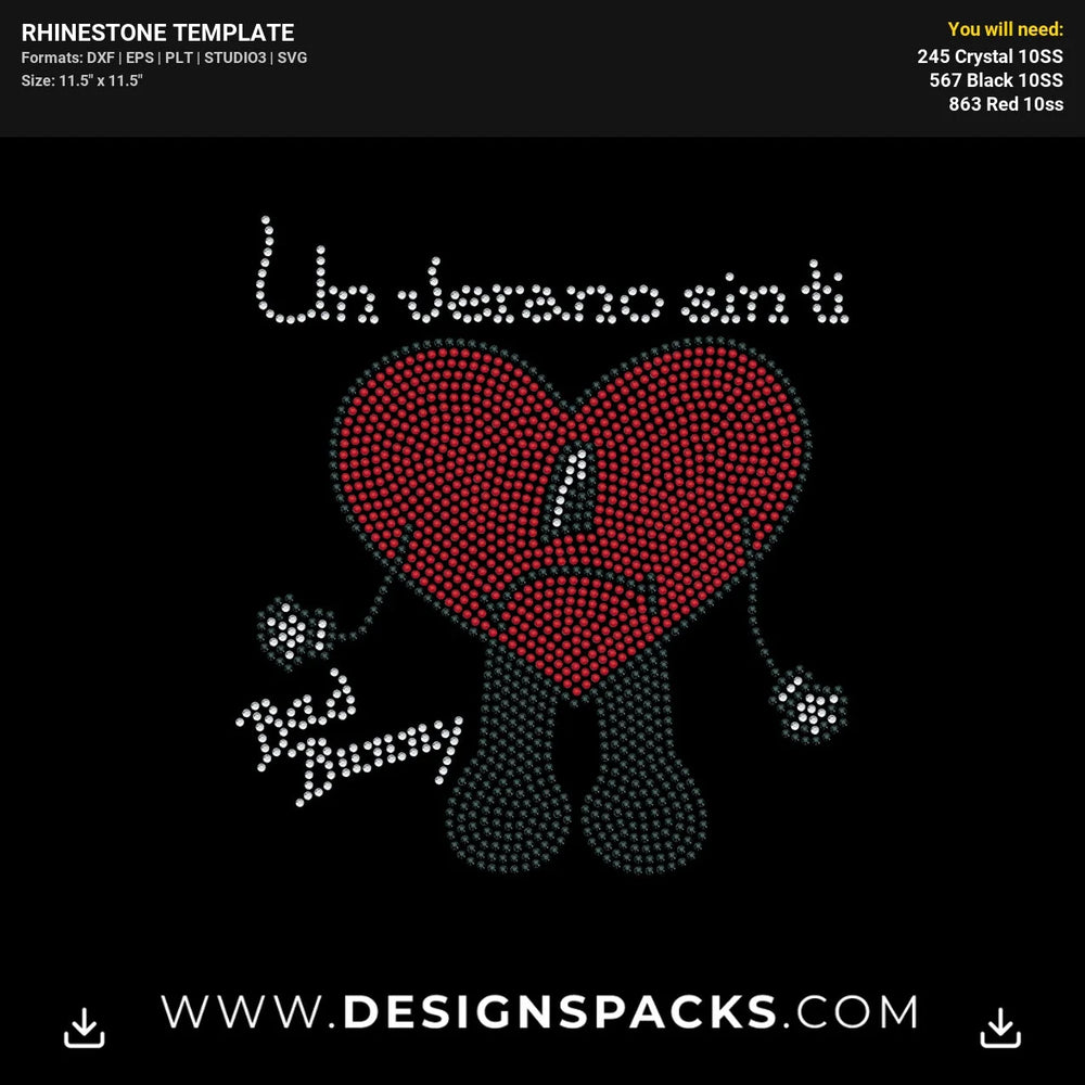 Verano Bad Bunny Heart Rhinestone Digital Template