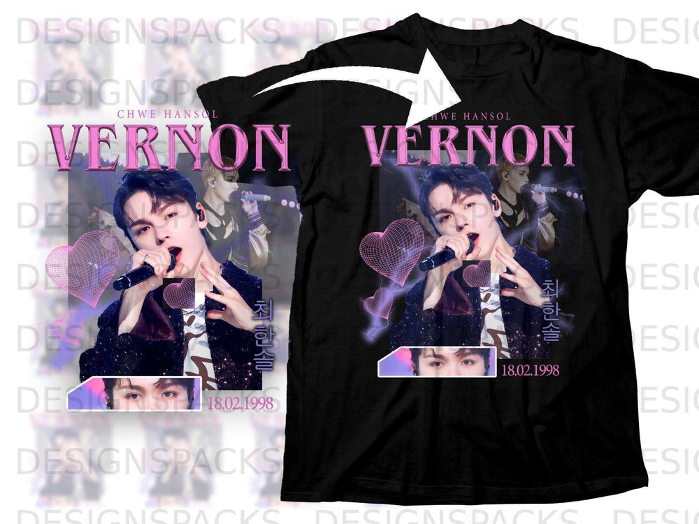 Black t-shirt with Vernon of Seventeen and Korean text "최한솔" and date "18.02.1998".