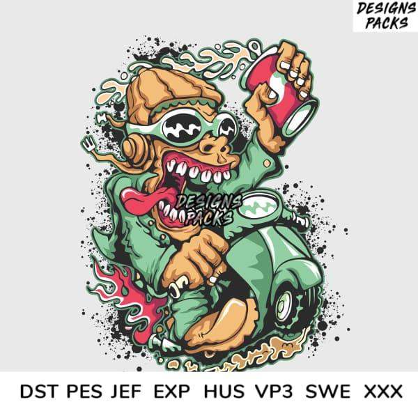 Cartoon monster with green jacket, sunglasses, and soda can, vibrant graffiti-style design for embroidery and DTF/DTG.
