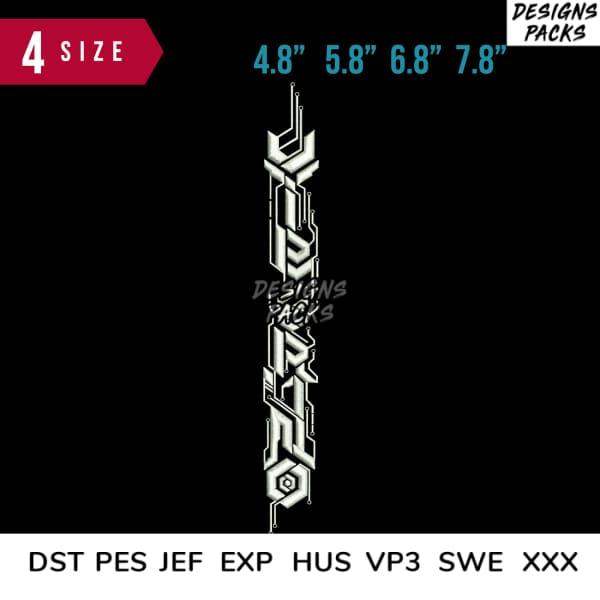 Futuristic circuit-style embroidery design in 4 sizes, compatible with DST PES JEF formats for machine embroidery.