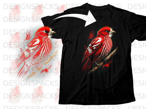Black t-shirt with graphic of a red bird with white stripes on a branch.