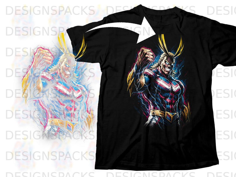Black t-shirt with a colorful All Might illustration and a white arrow overlay.