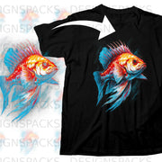 Black t-shirt with a vibrant, stylized goldfish graphic.