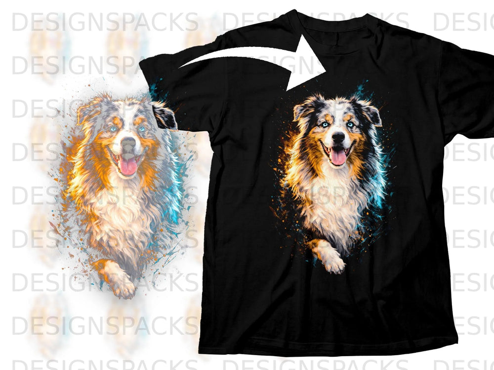 Black t-shirt with a watercolor painting of a happy Australian Shepherd dog.