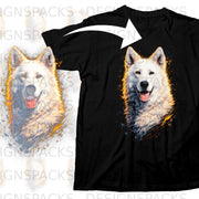 Black t-shirt featuring a watercolor-style white dog portrait with a white arrow.