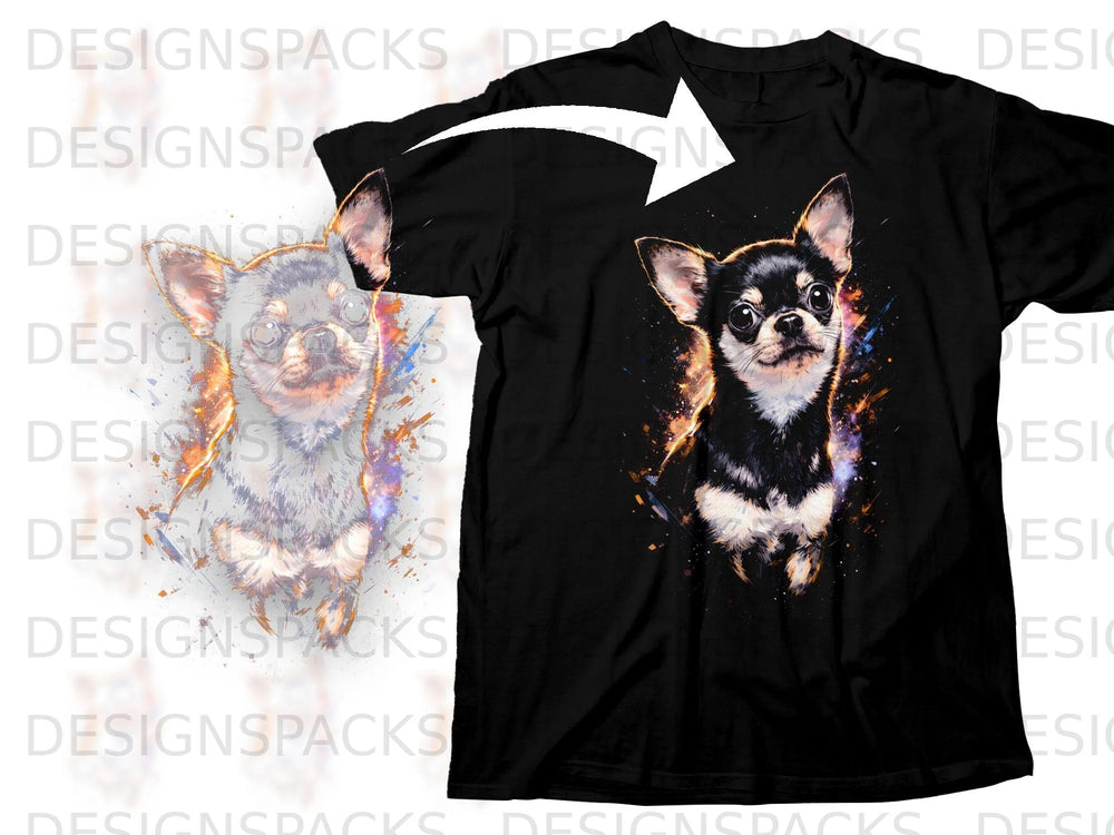 Black t-shirt featuring a chihuahua dog graphic with watercolor and cosmic splash effects.