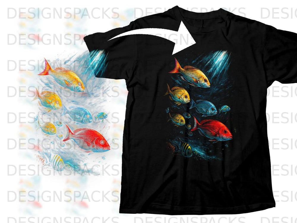 Black t-shirt with colorful fish swimming in underwater light beams design.