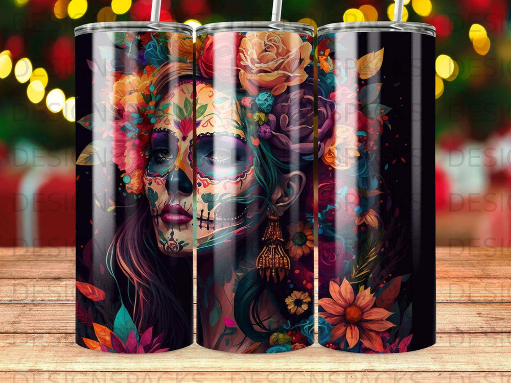 Vibrant Floral Calavera Tumbler Digital Wrap Design