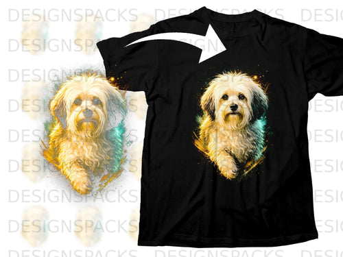 Black t-shirt with a vibrant abstract painting of a white dog.