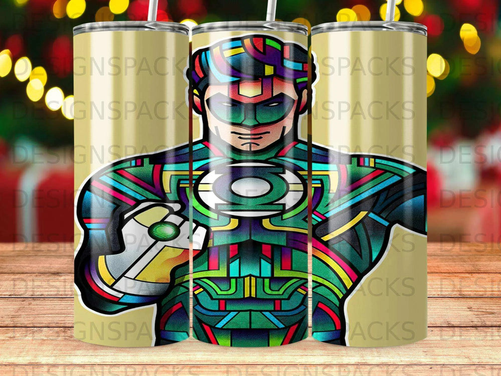 Vibrant Geometric Green Lantern Stained Glass Tumbler Digital Wrap Design