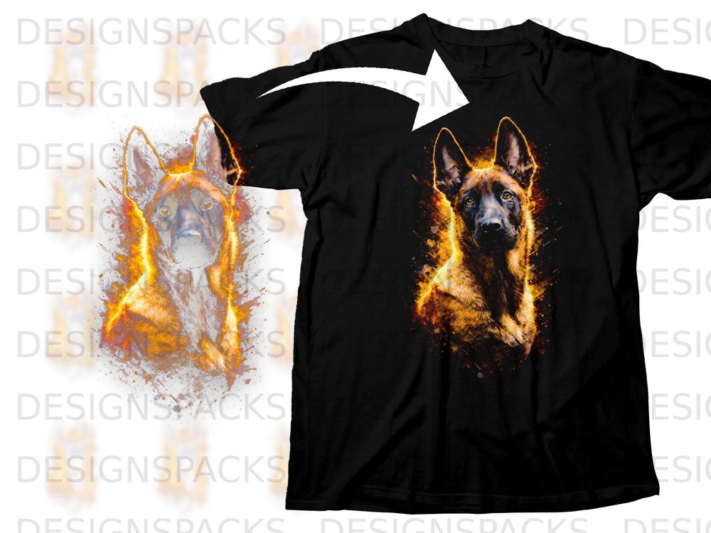 Black t-shirt featuring a German Shepherd dog with fiery accents.