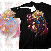Black t-shirt with Supergirl graphic and overlaying design preview.