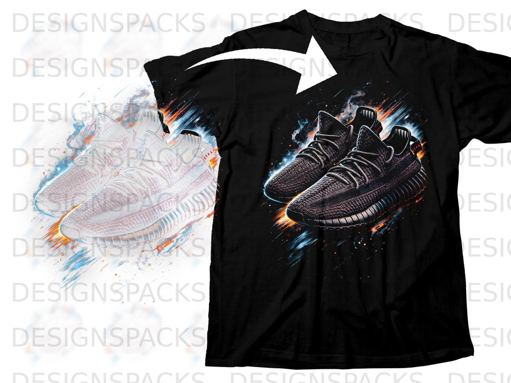 Black t-shirt featuring a graphic of two dark athletic shoes with fiery accents.