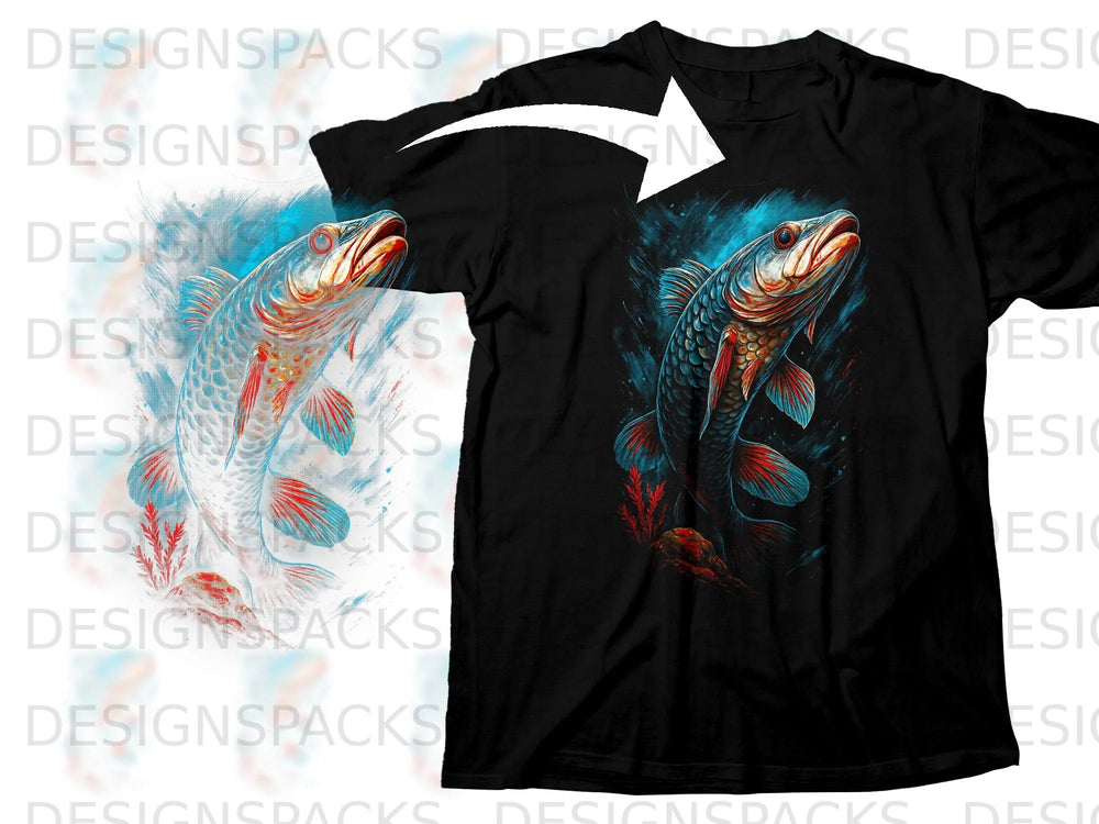 Black t-shirt with a close-up illustration of a vibrant, red-finned fish.