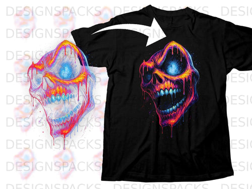 Black t-shirt with a vibrant, melting skull graphic featuring neon colors.