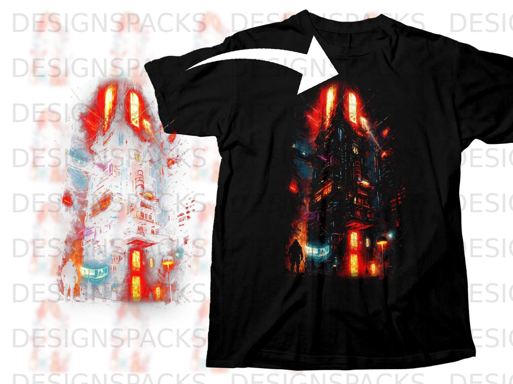 Black t-shirt featuring a dark, vibrant cityscape with glowing buildings and a lone figure.