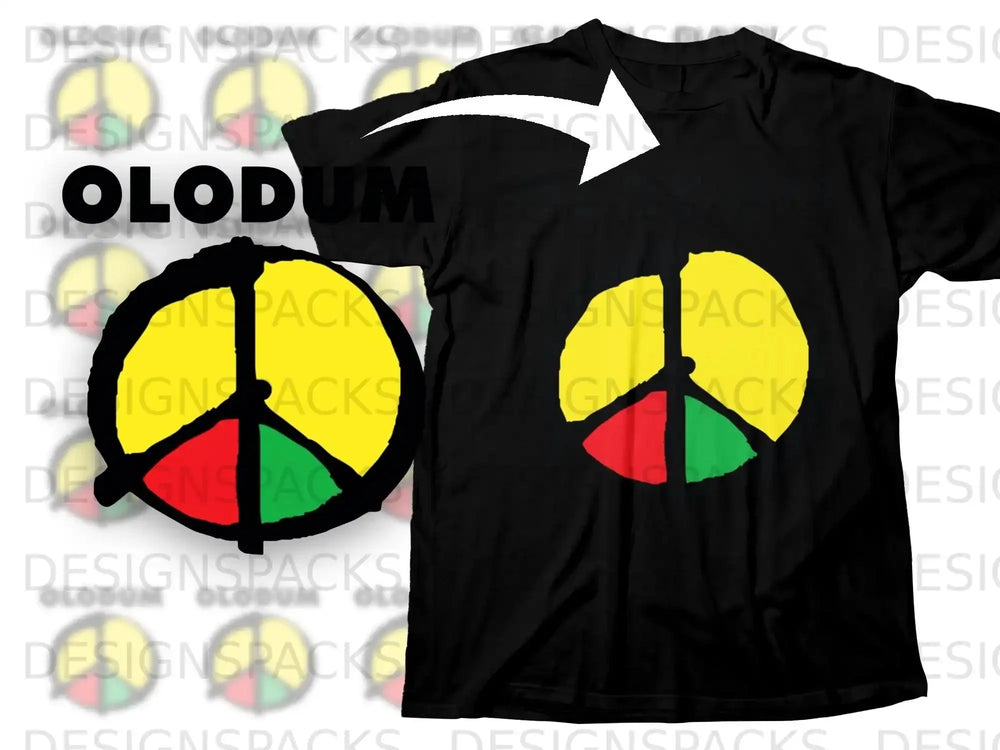 Black t-shirt with yellow, red, and green Olodum circular logo.