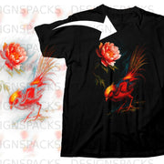 Black t-shirt featuring a vibrant print of a red pheasant and pink flowers.