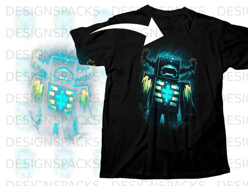 Black t-shirt with a pixelated blue and yellow creature graphic.