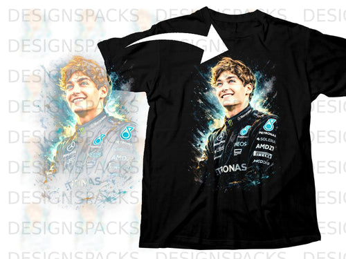 Black t-shirt featuring George Russell artwork with Mercedes-AMG Petronas Formula One Team logos.