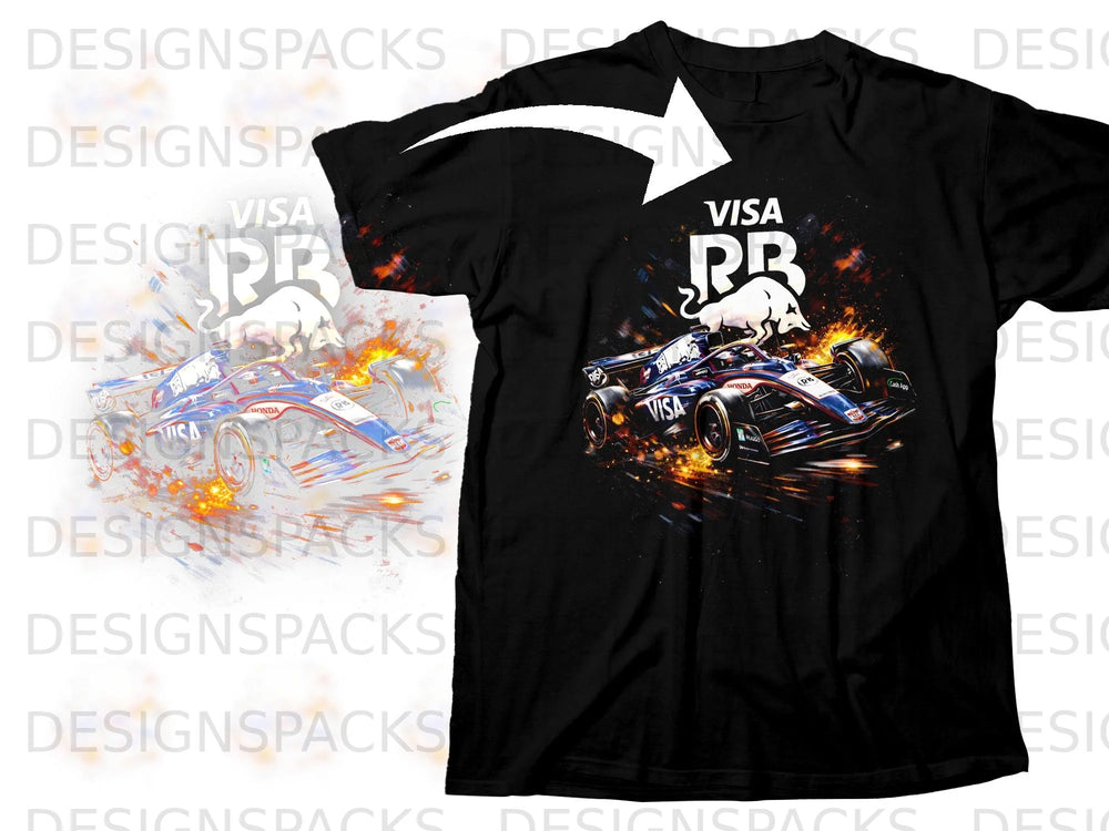 Black t-shirt with a racing car graphic featuring "VISA" and "RB" logos.