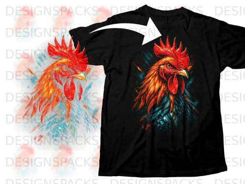 Black t-shirt featuring a vibrant, fiery rooster graphic with blue and orange accents.