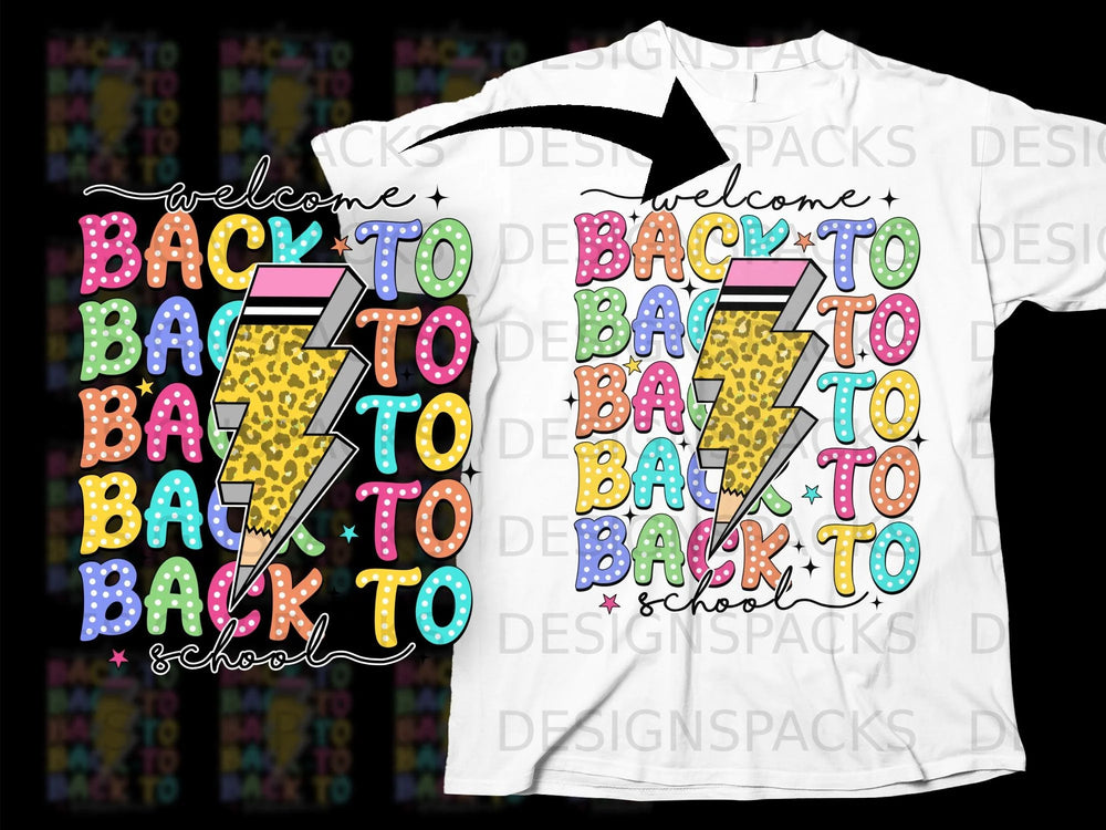 "Welcome back to school" text with a lightning bolt and pencil on a white t-shirt.