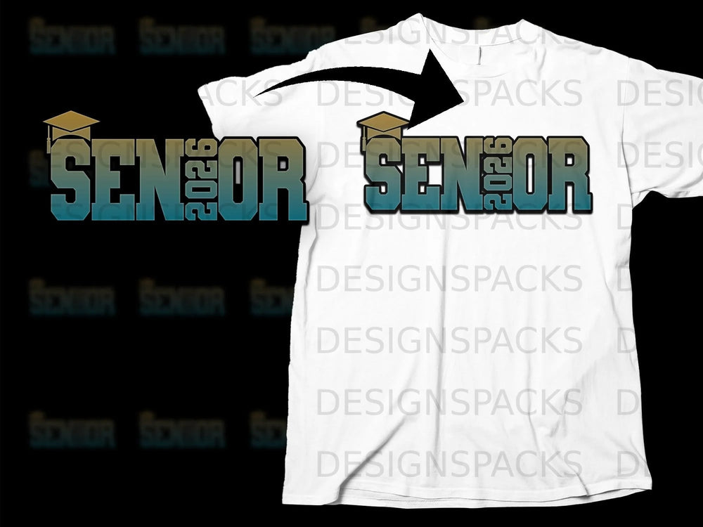 White t-shirt with a gradient "SENIOR 2026" graphic and graduation cap.