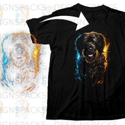 Black t-shirt with a vibrant, stylized portrait of a shaggy dog.