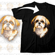 Black t-shirt with a graphic of a fluffy white and brown Shih Tzu dog.