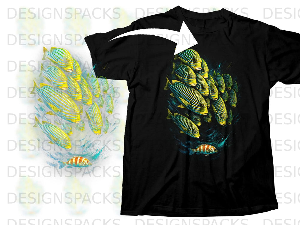 Black t-shirt with illustration of yellow and blue striped fish schooling underwater.