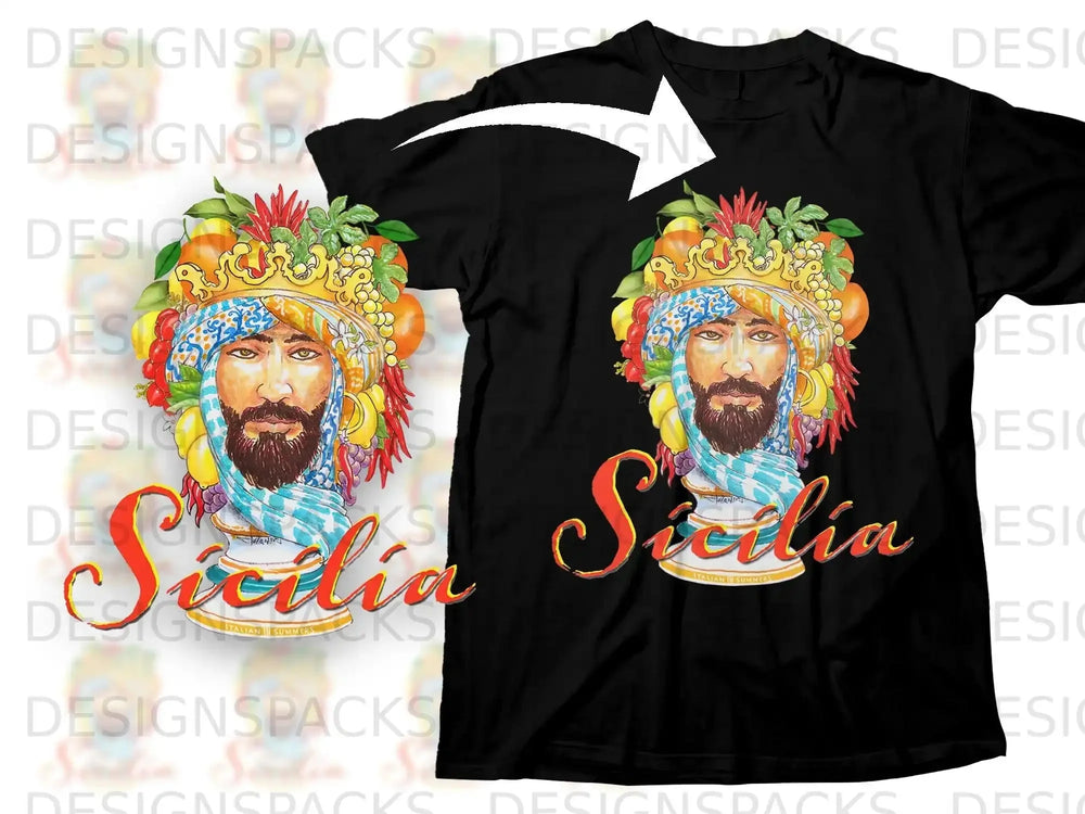 Black t-shirt featuring a vibrant illustration of a man with a crown of fruit.