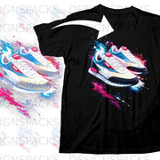Black t-shirt with graphic of two Puma sneakers with colorful paint splatter.
