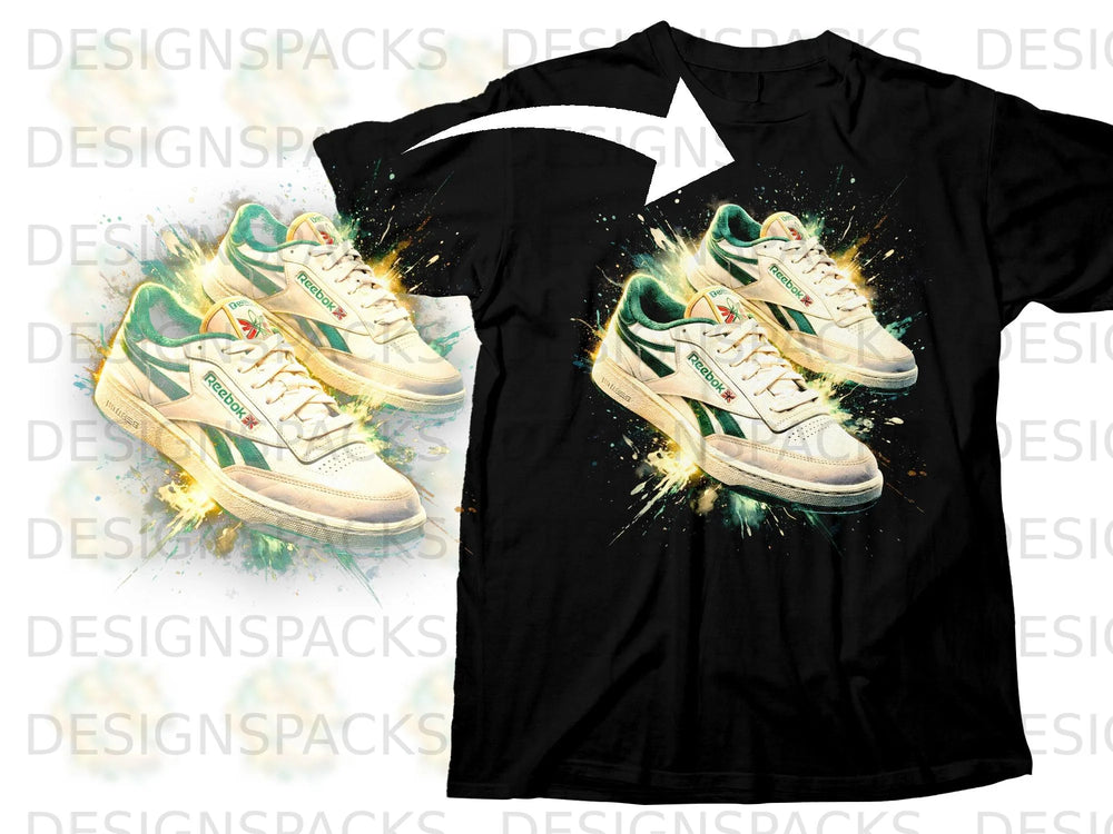 Black t-shirt featuring a graphic of two Reebok Club C 85 sneakers with abstract paint splatters.