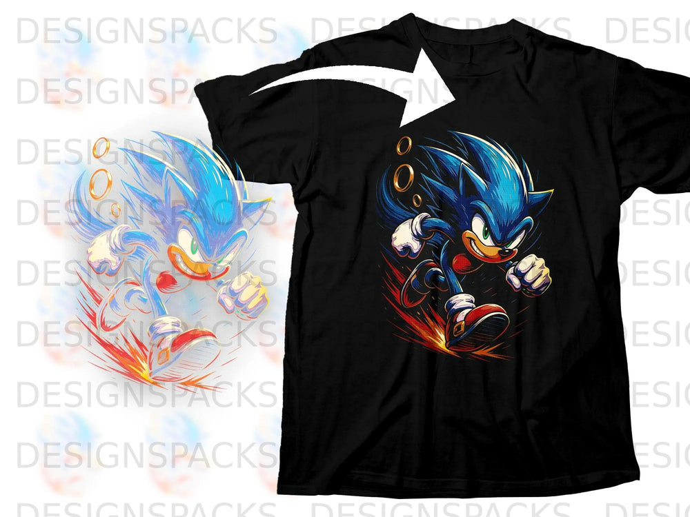 Black t-shirt with Sonic the Hedgehog graphic and gold rings.