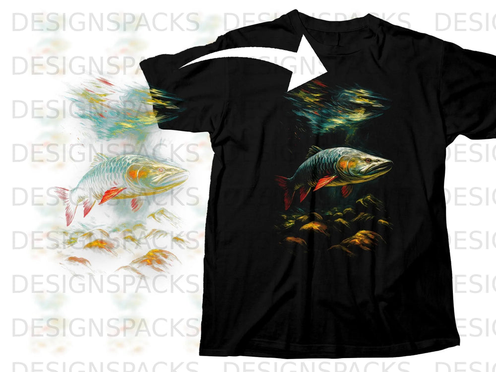 Black t-shirt with a graphic of two fish swimming near rocks and colorful abstract splash effects.