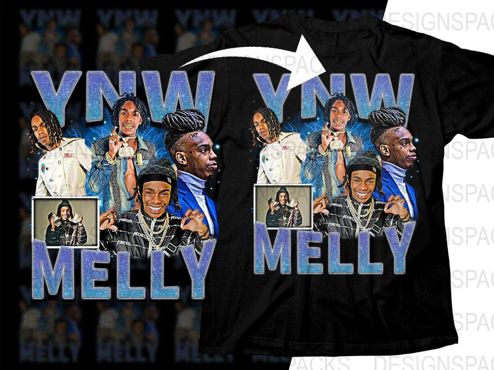 YNW Melly t-shirt design with glitter text and multiple portrait photos, print-ready for DTG or DTF